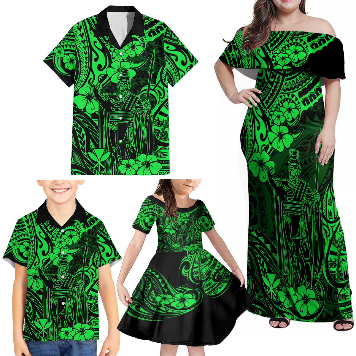 Hawaii King Kamehameha Family Matching Off Shoulder Maxi Dress and Hawaiian Shirt Polynesian Pattern Green Version - Wonder Print Shop