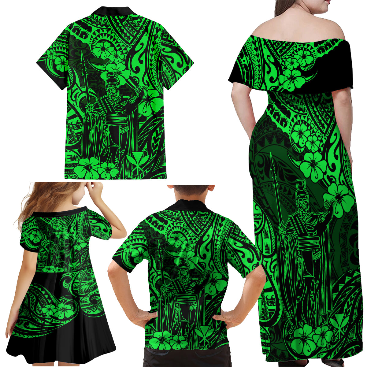 Hawaii King Kamehameha Family Matching Off Shoulder Maxi Dress and Hawaiian Shirt Polynesian Pattern Green Version - Wonder Print Shop