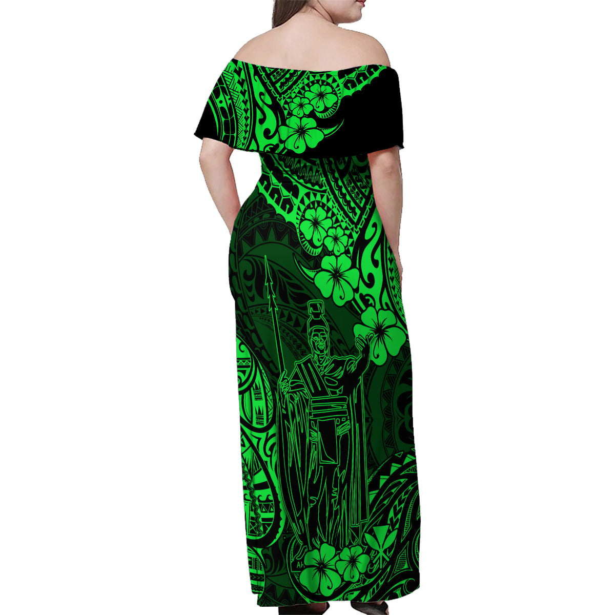 Hawaii King Kamehameha Family Matching Off Shoulder Maxi Dress and Hawaiian Shirt Polynesian Pattern Green Version - Wonder Print Shop