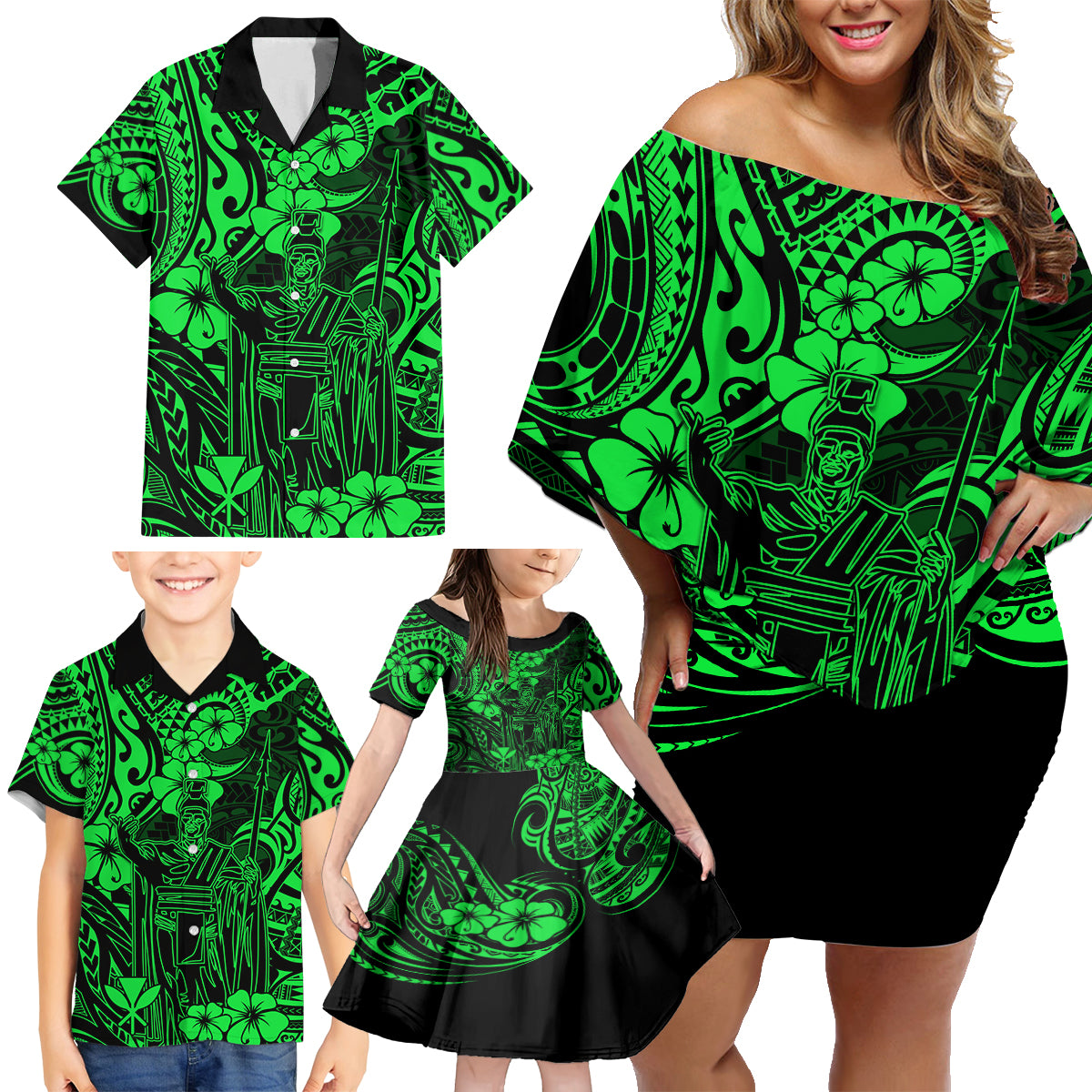 Hawaii King Kamehameha Family Matching Off Shoulder Short Dress and Hawaiian Shirt Polynesian Pattern Green Version - Wonder Print Shop