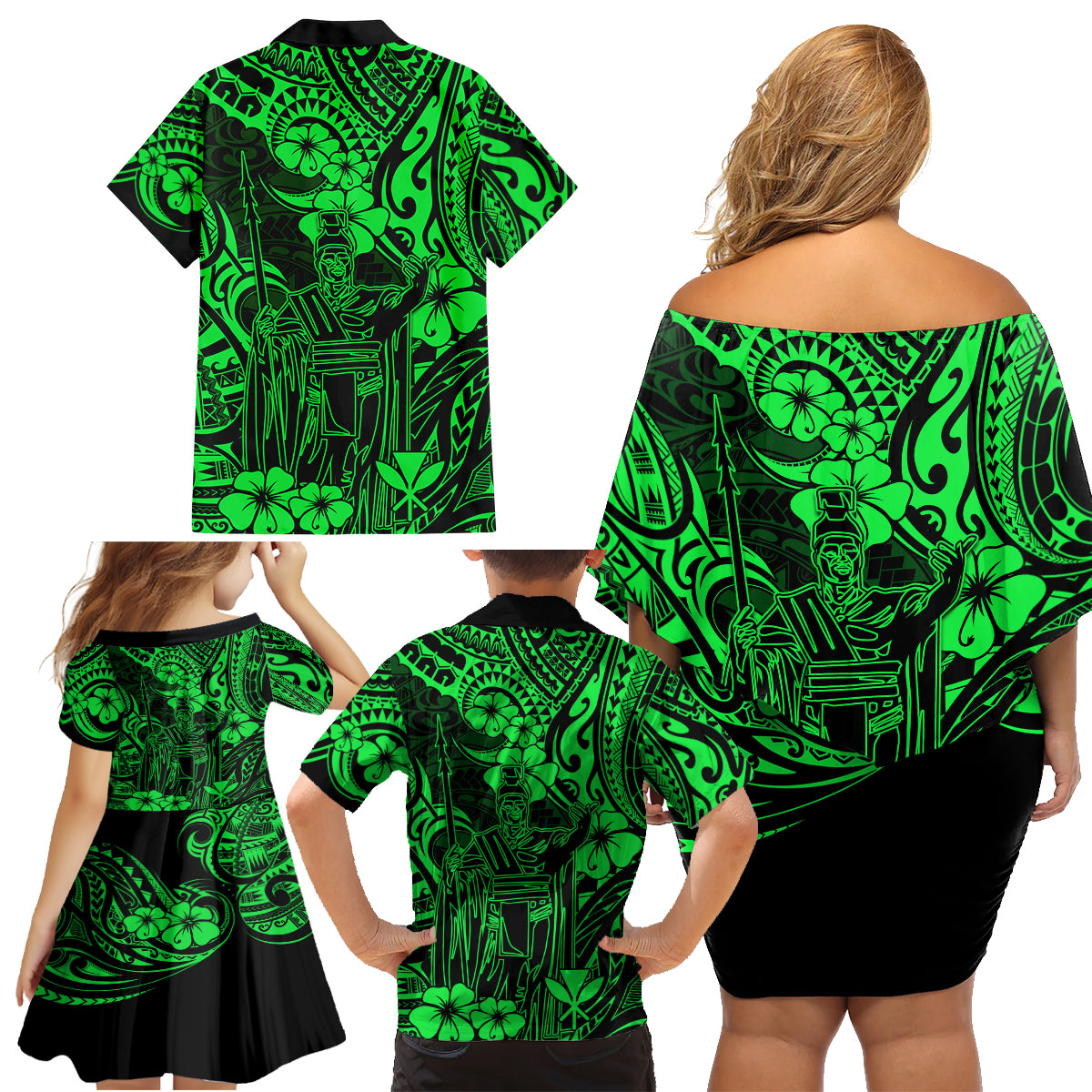 Hawaii King Kamehameha Family Matching Off Shoulder Short Dress and Hawaiian Shirt Polynesian Pattern Green Version - Wonder Print Shop