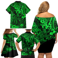 Hawaii King Kamehameha Family Matching Off Shoulder Short Dress and Hawaiian Shirt Polynesian Pattern Green Version - Wonder Print Shop