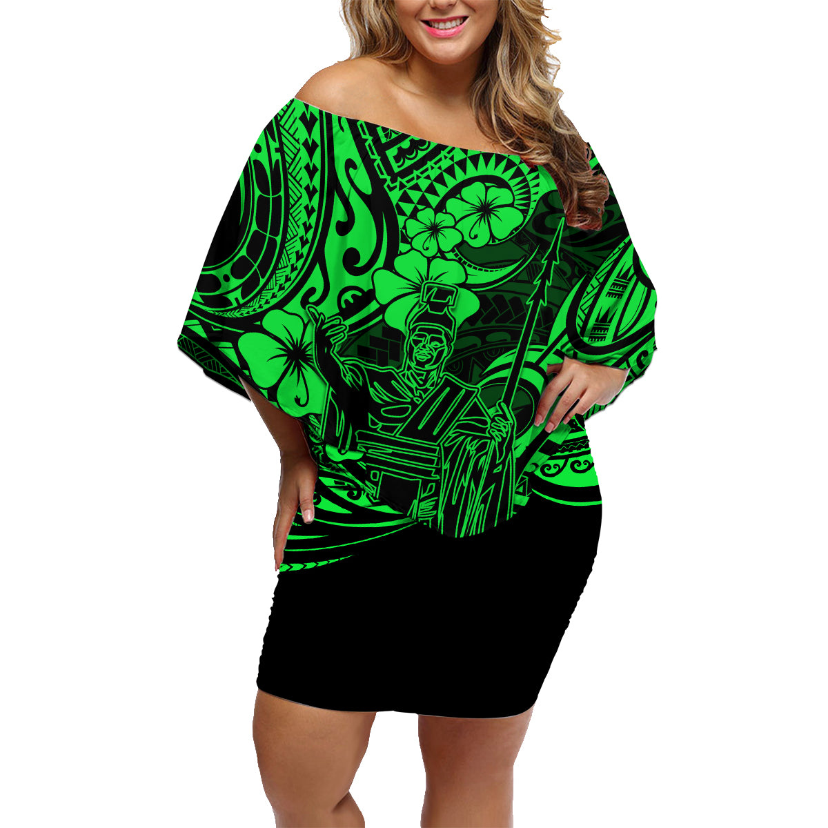Hawaii King Kamehameha Family Matching Off Shoulder Short Dress and Hawaiian Shirt Polynesian Pattern Green Version - Wonder Print Shop