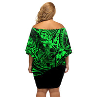 Hawaii King Kamehameha Family Matching Off Shoulder Short Dress and Hawaiian Shirt Polynesian Pattern Green Version - Wonder Print Shop