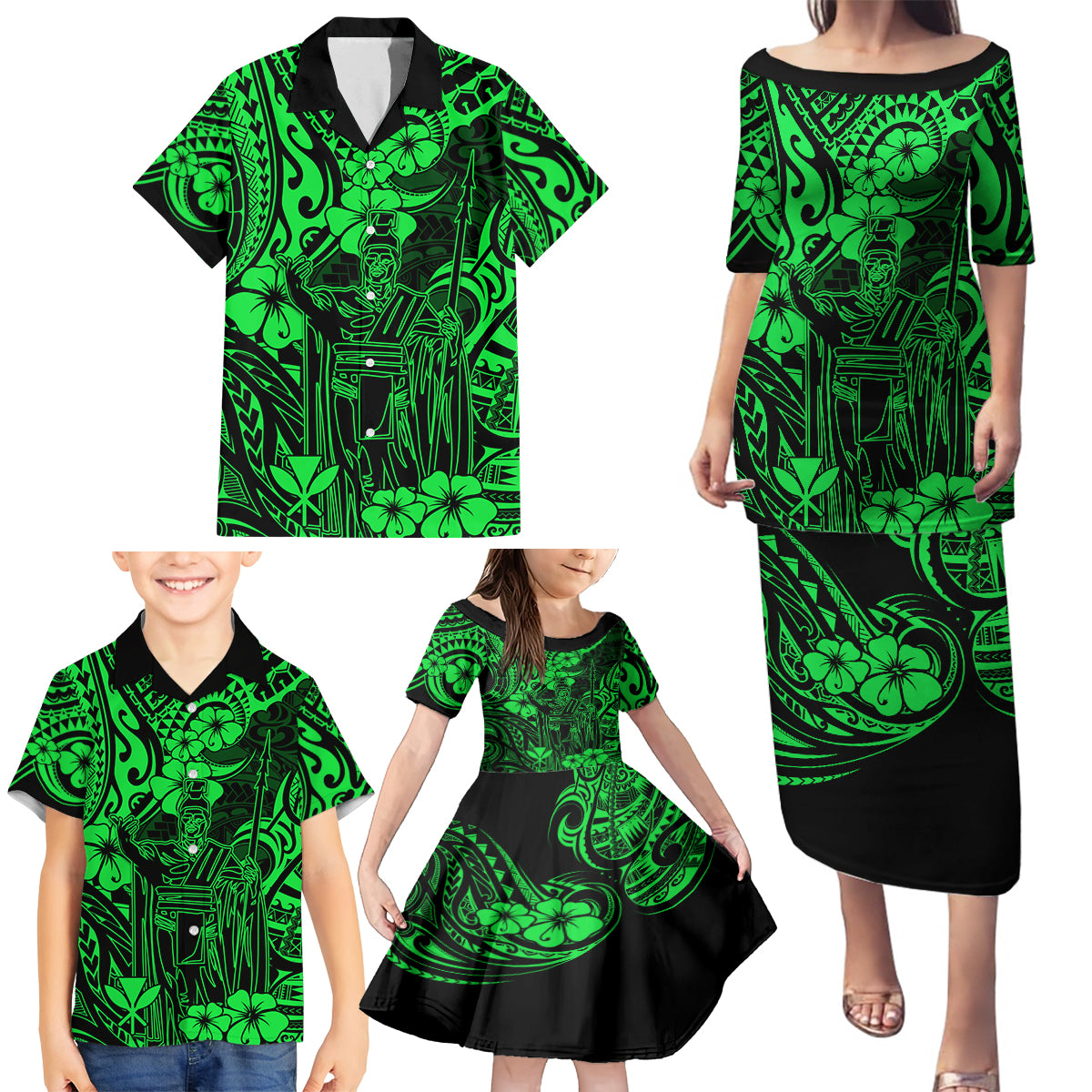 Hawaii King Kamehameha Family Matching Puletasi Dress and Hawaiian Shirt Polynesian Pattern Green Version - Wonder Print Shop