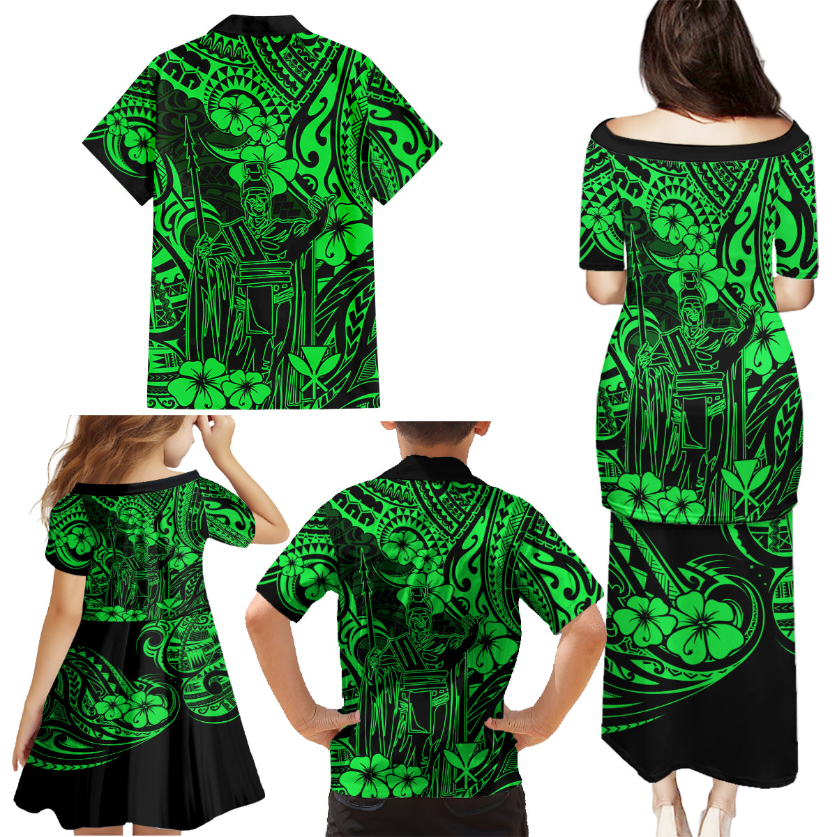 Hawaii King Kamehameha Family Matching Puletasi Dress and Hawaiian Shirt Polynesian Pattern Green Version - Wonder Print Shop