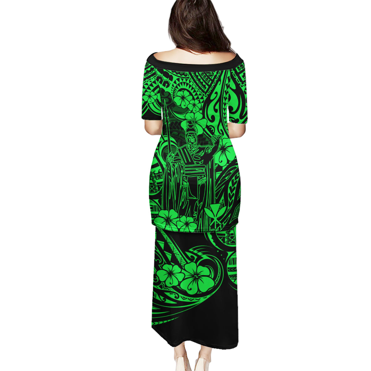 Hawaii King Kamehameha Family Matching Puletasi Dress and Hawaiian Shirt Polynesian Pattern Green Version - Wonder Print Shop