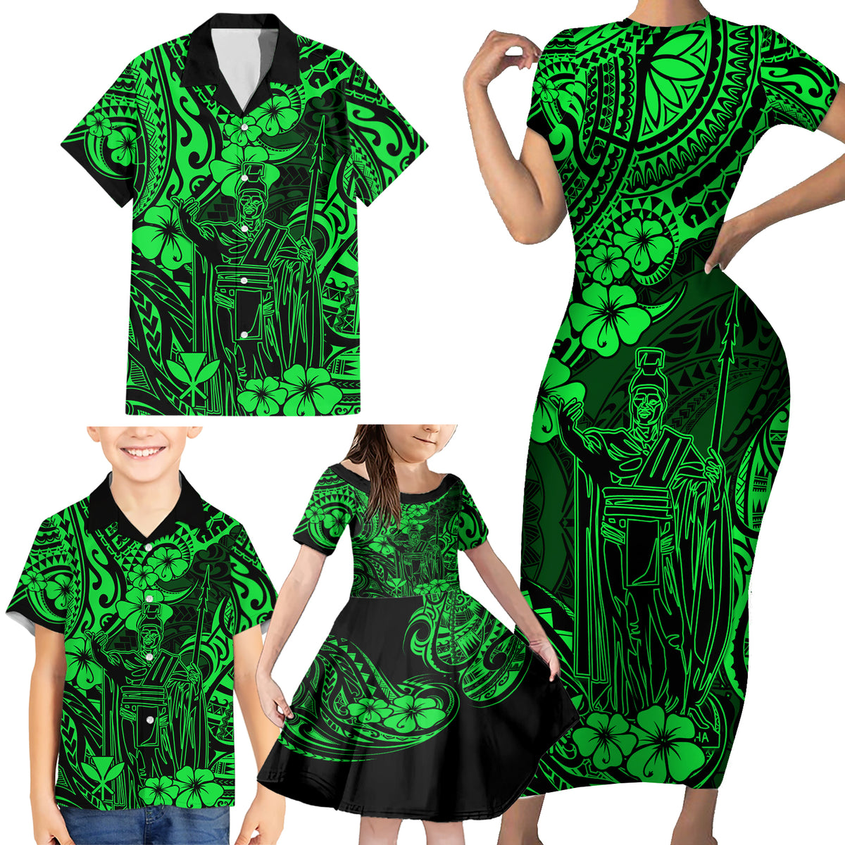 Hawaii King Kamehameha Family Matching Short Sleeve Bodycon Dress and Hawaiian Shirt Polynesian Pattern Green Version - Wonder Print Shop