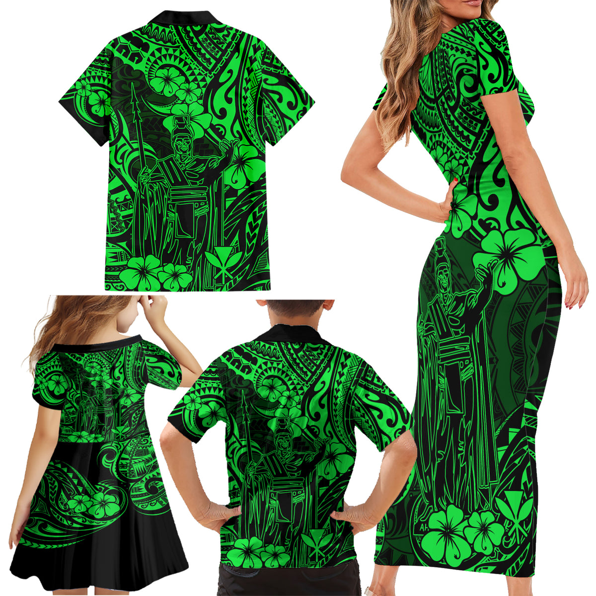 Hawaii King Kamehameha Family Matching Short Sleeve Bodycon Dress and Hawaiian Shirt Polynesian Pattern Green Version - Wonder Print Shop