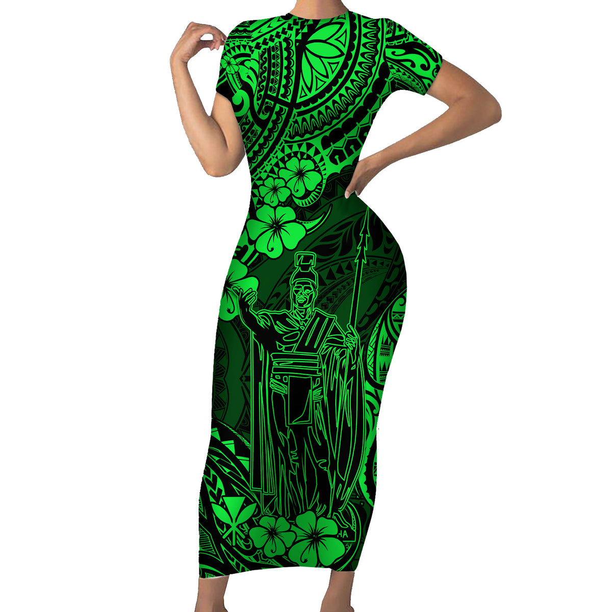 Hawaii King Kamehameha Family Matching Short Sleeve Bodycon Dress and Hawaiian Shirt Polynesian Pattern Green Version - Wonder Print Shop