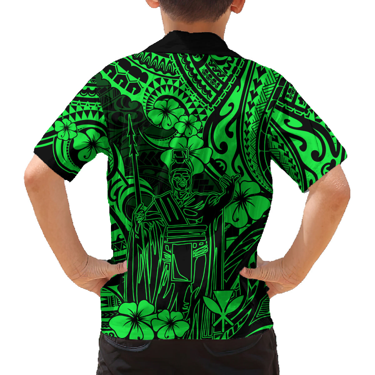 Hawaii King Kamehameha Family Matching Summer Maxi Dress and Hawaiian Shirt Polynesian Pattern Green Version - Wonder Print Shop