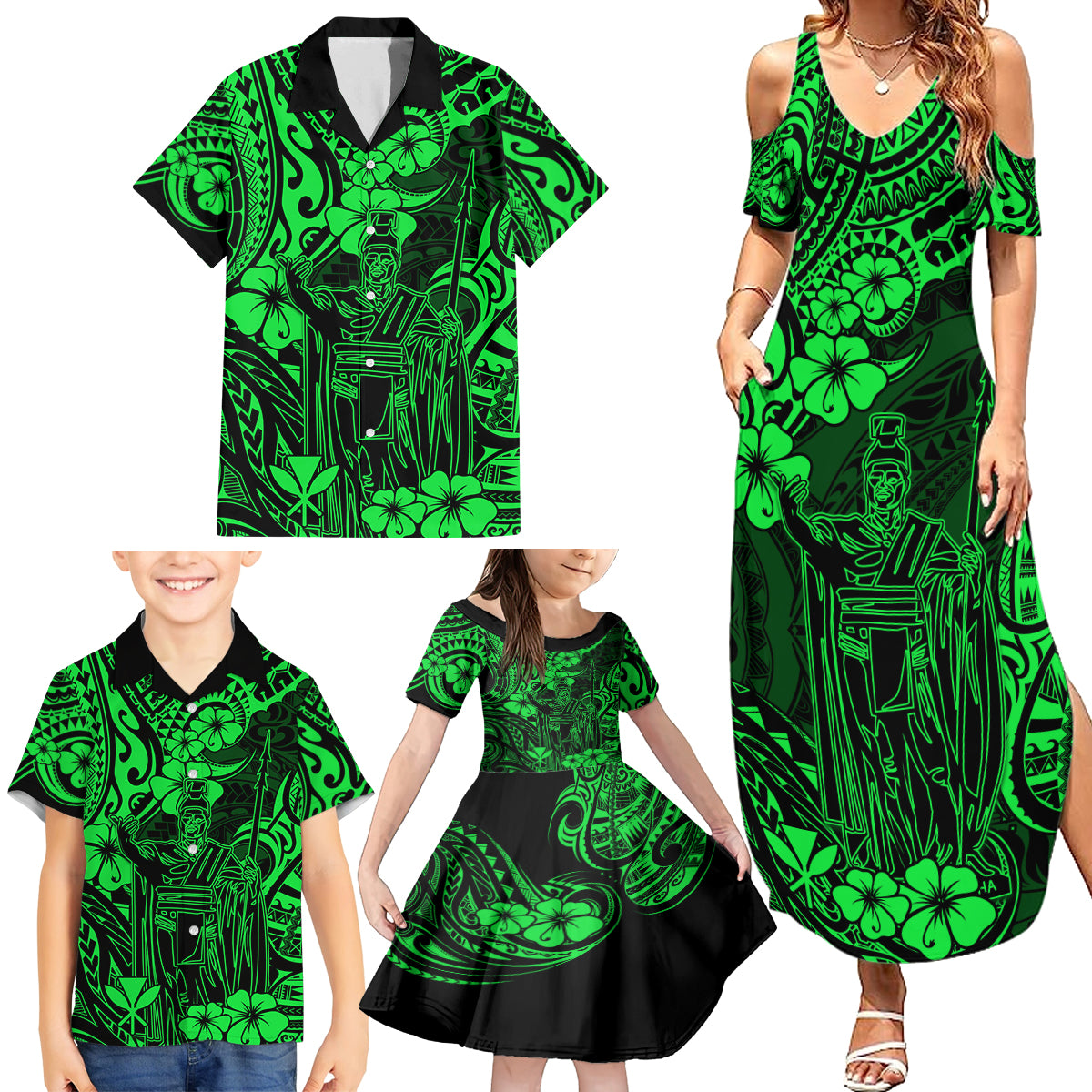 Hawaii King Kamehameha Family Matching Summer Maxi Dress and Hawaiian Shirt Polynesian Pattern Green Version - Wonder Print Shop