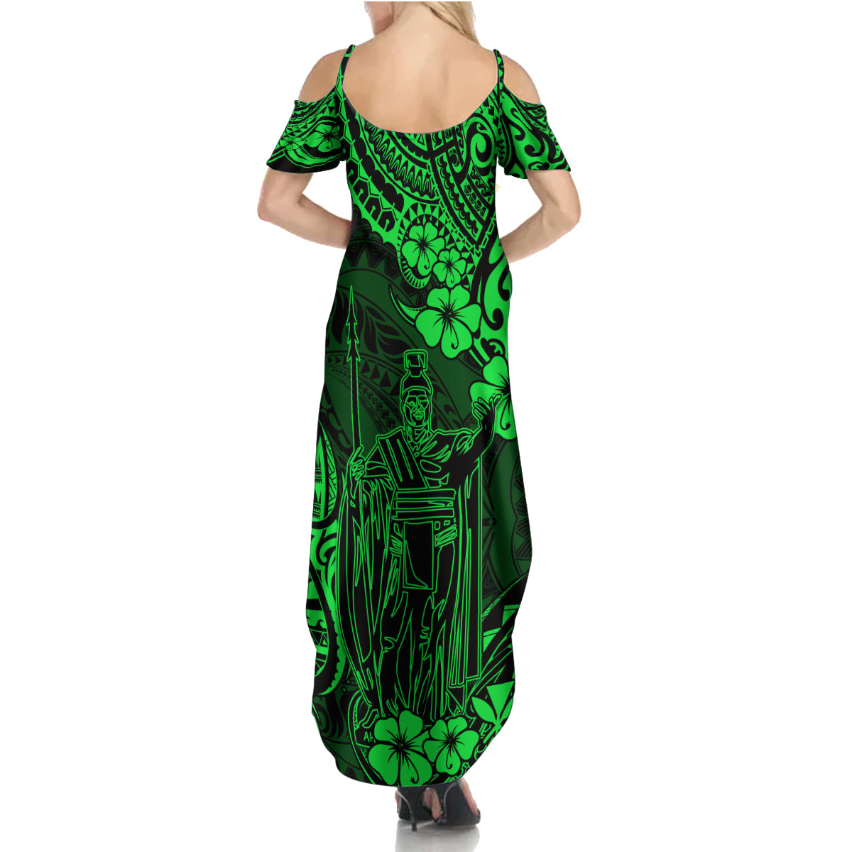 Hawaii King Kamehameha Family Matching Summer Maxi Dress and Hawaiian Shirt Polynesian Pattern Green Version - Wonder Print Shop