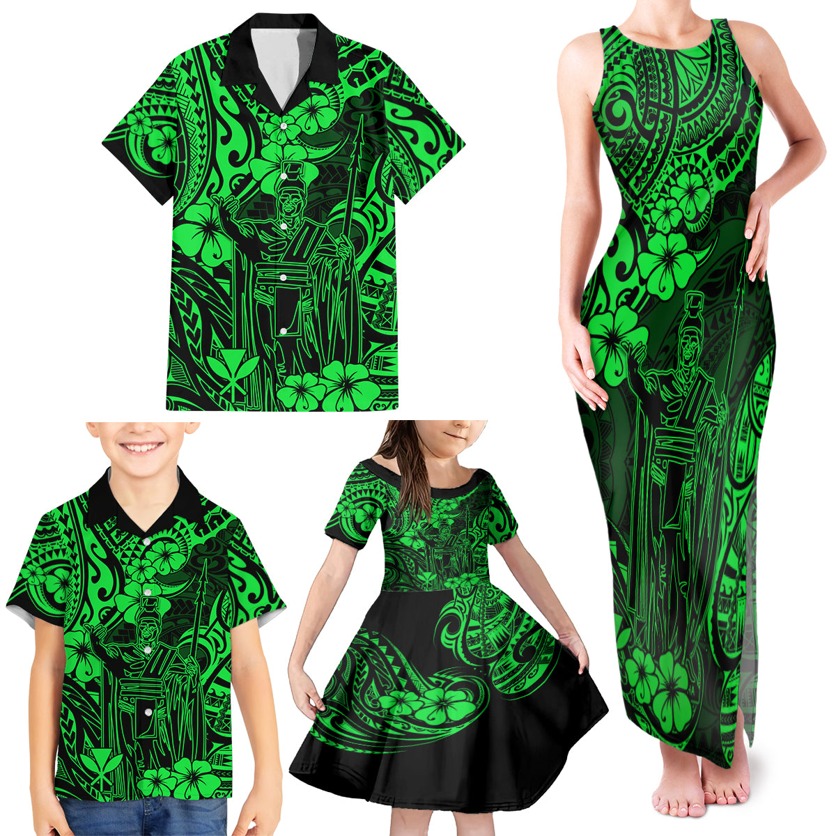 Hawaii King Kamehameha Family Matching Tank Maxi Dress and Hawaiian Shirt Polynesian Pattern Green Version - Wonder Print Shop