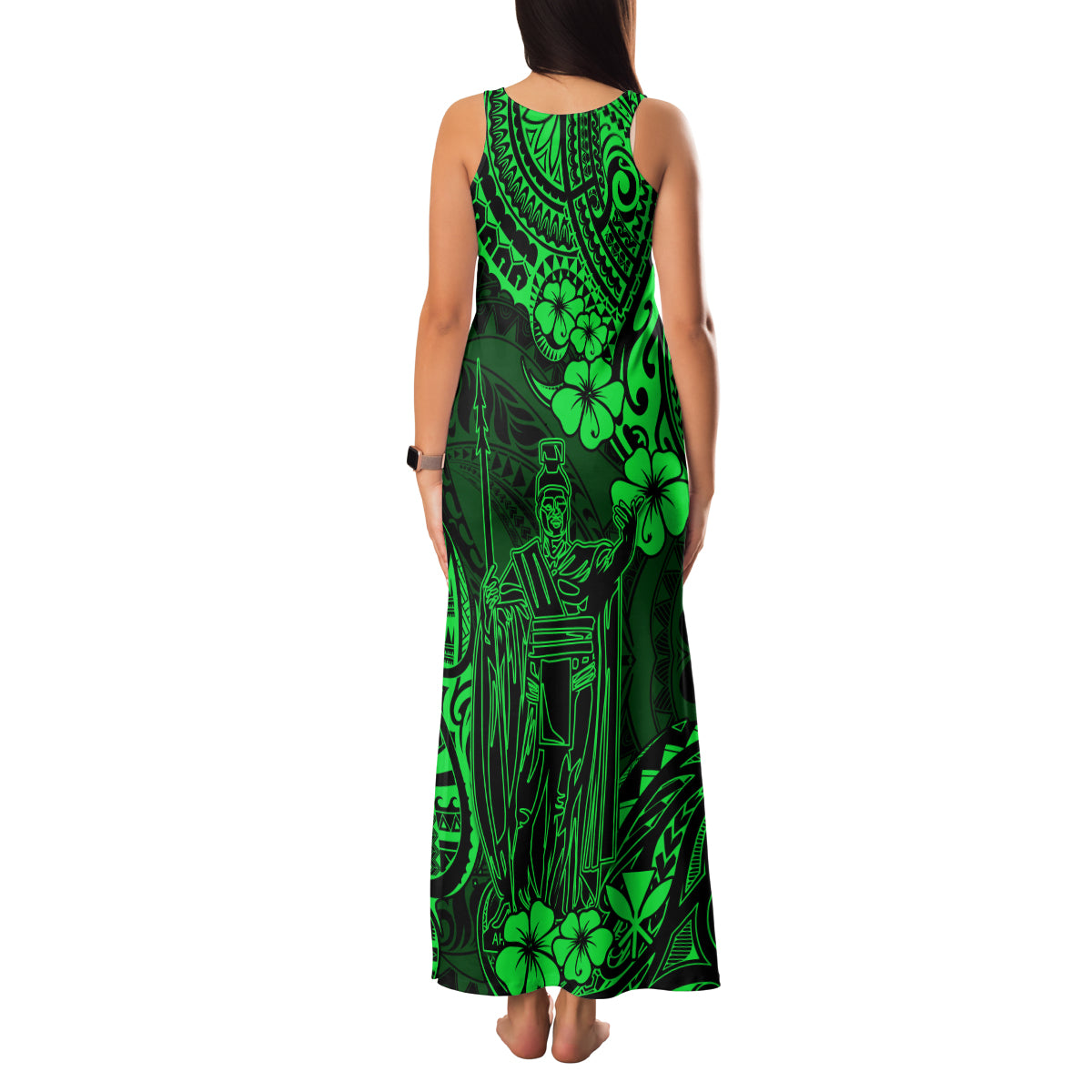 Hawaii King Kamehameha Family Matching Tank Maxi Dress and Hawaiian Shirt Polynesian Pattern Green Version - Wonder Print Shop