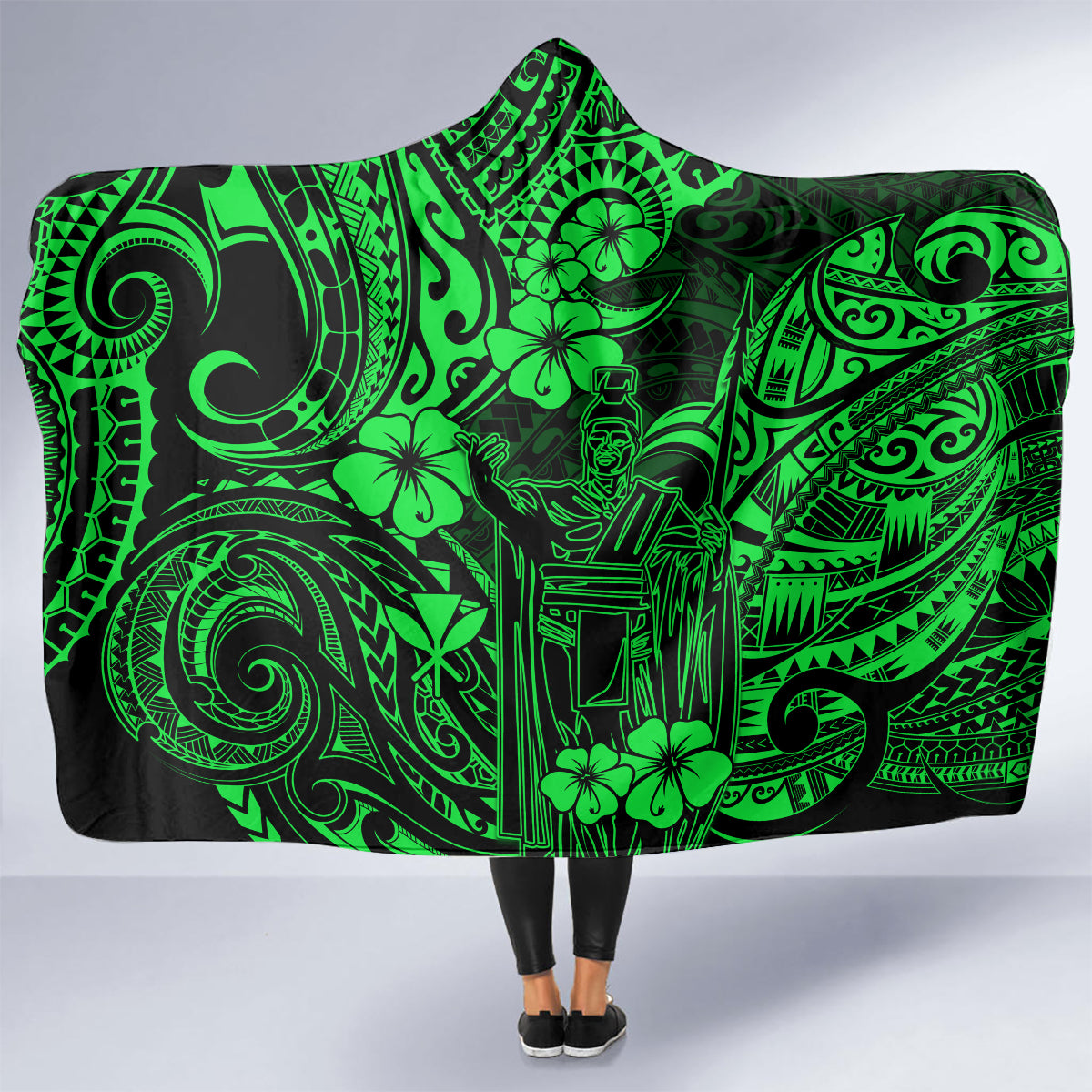 hawaii-king-kamehameha-hooded-blanket-polynesian-pattern-green-version