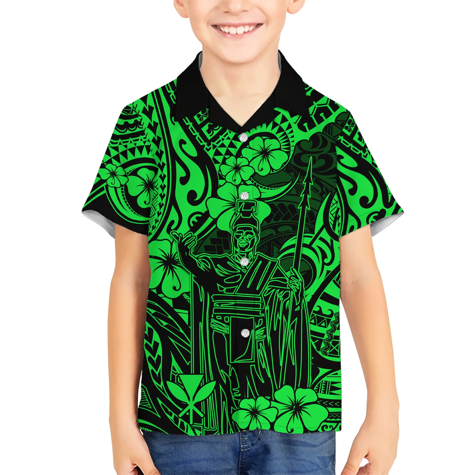 Hawaii King Kamehameha Kid Hawaiian Shirt Polynesian Pattern Green Version - Wonder Print Shop