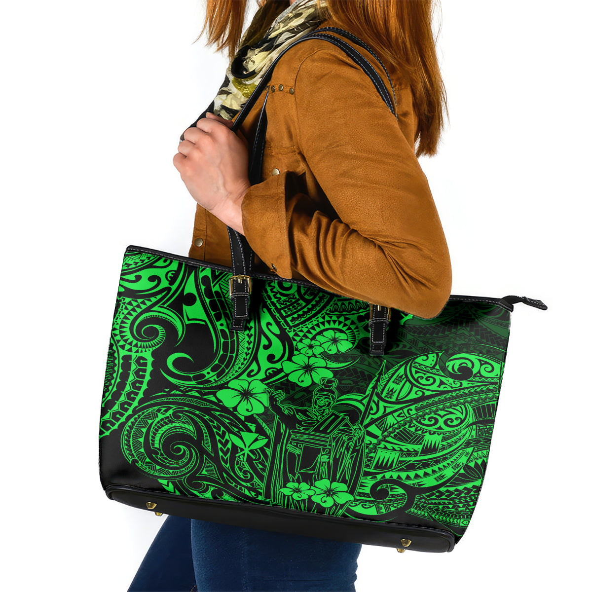 Hawaii King Kamehameha Leather Tote Bag Polynesian Pattern Green Version - Wonder Print Shop