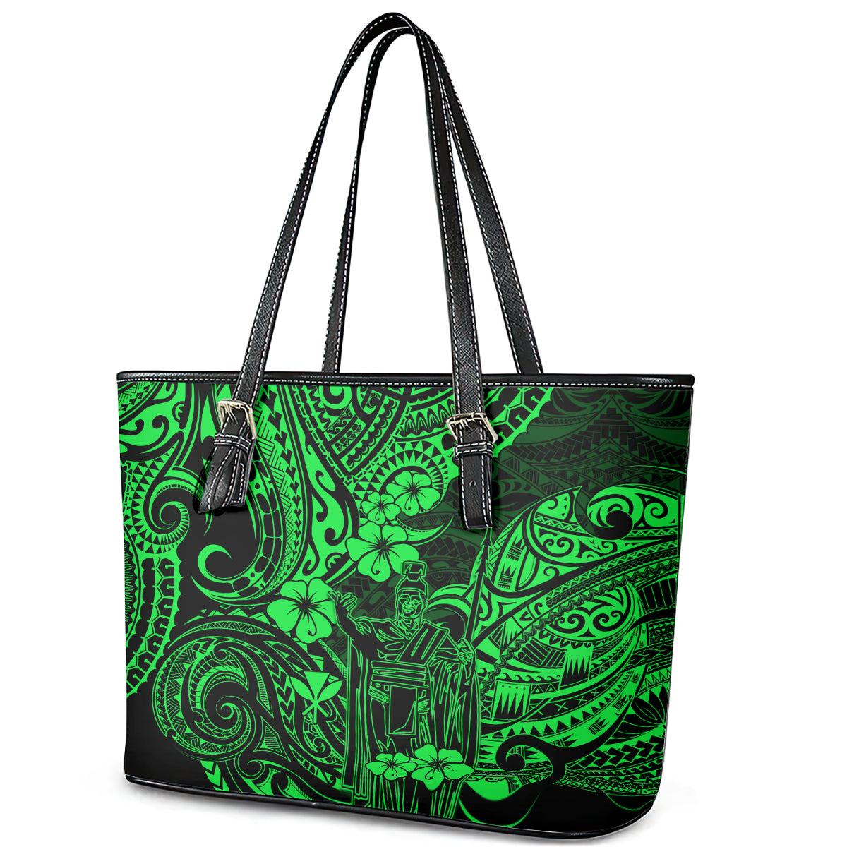 Hawaii King Kamehameha Leather Tote Bag Polynesian Pattern Green Version - Wonder Print Shop