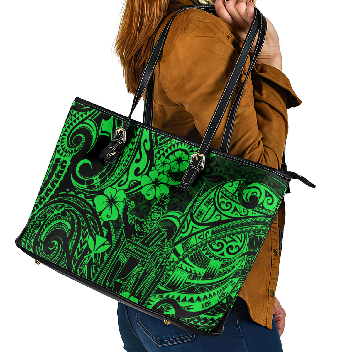 Hawaii King Kamehameha Leather Tote Bag Polynesian Pattern Green Version - Wonder Print Shop