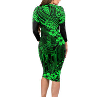 Hawaii King Kamehameha Long Sleeve Bodycon Dress Polynesian Pattern Green Version - Wonder Print Shop