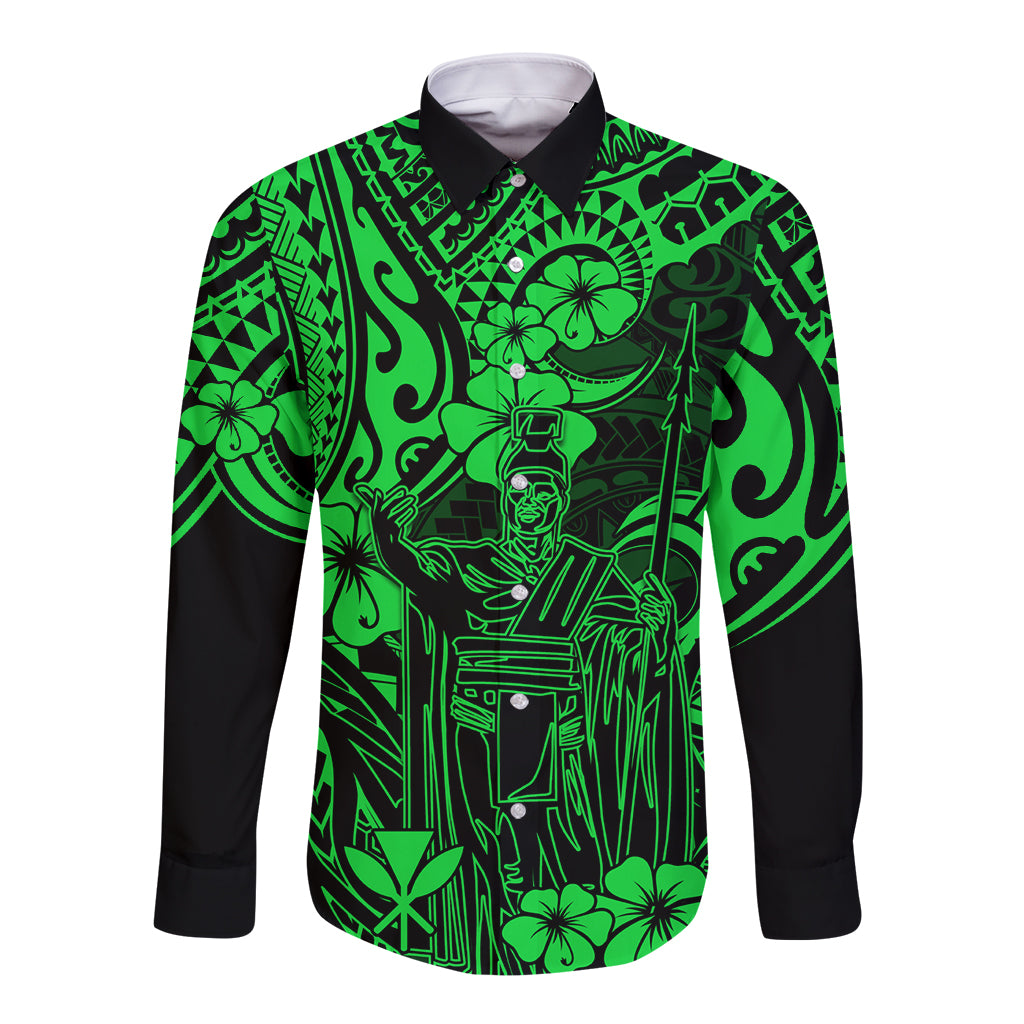 Hawaii King Kamehameha Long Sleeve Button Shirt Polynesian Pattern Green Version - Wonder Print Shop