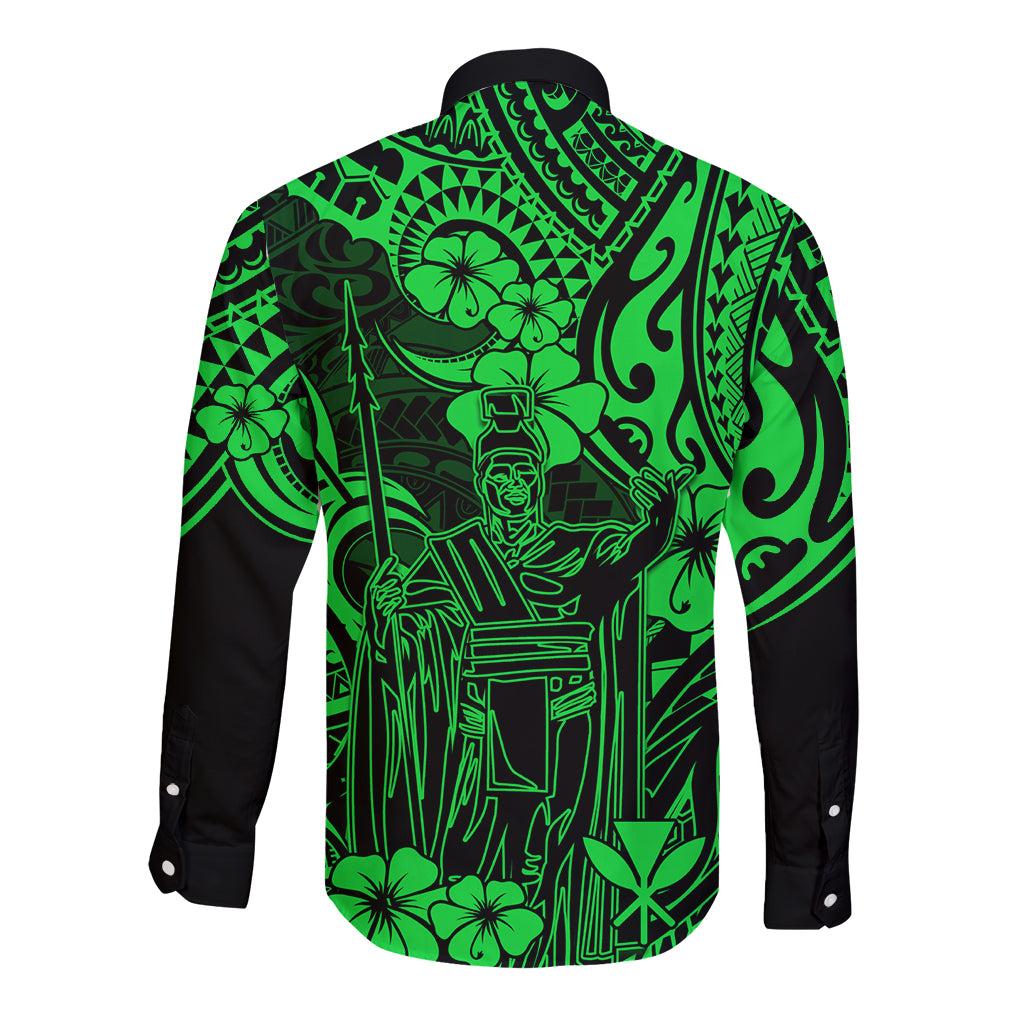 Hawaii King Kamehameha Long Sleeve Button Shirt Polynesian Pattern Green Version - Wonder Print Shop