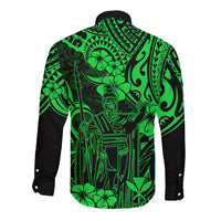 Hawaii King Kamehameha Long Sleeve Button Shirt Polynesian Pattern Green Version - Wonder Print Shop