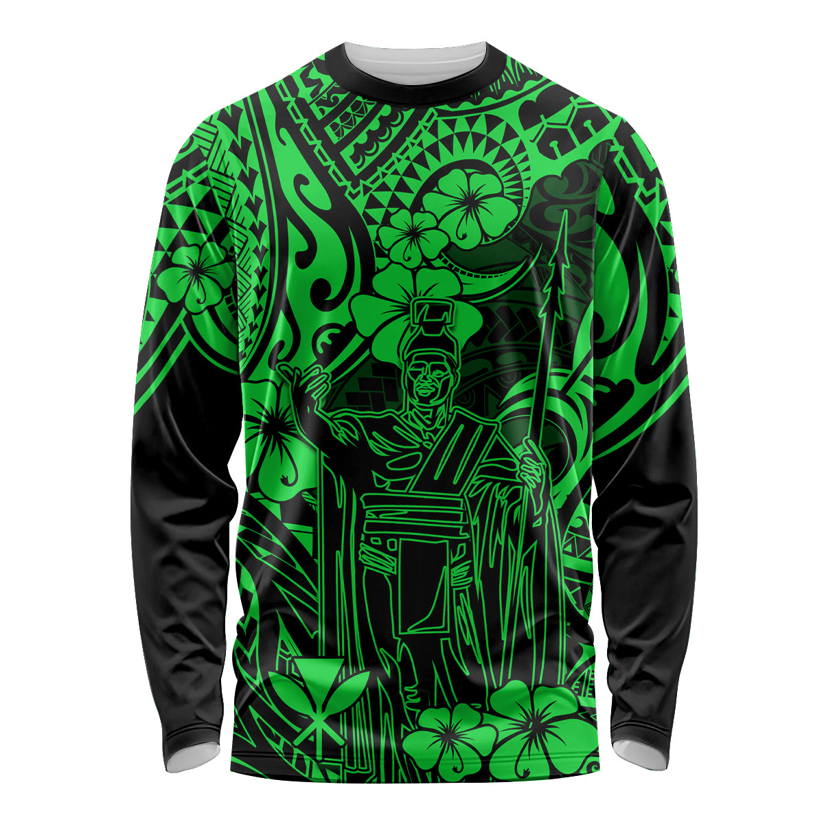 Hawaii King Kamehameha Long Sleeve Shirt Polynesian Pattern Green Version - Wonder Print Shop
