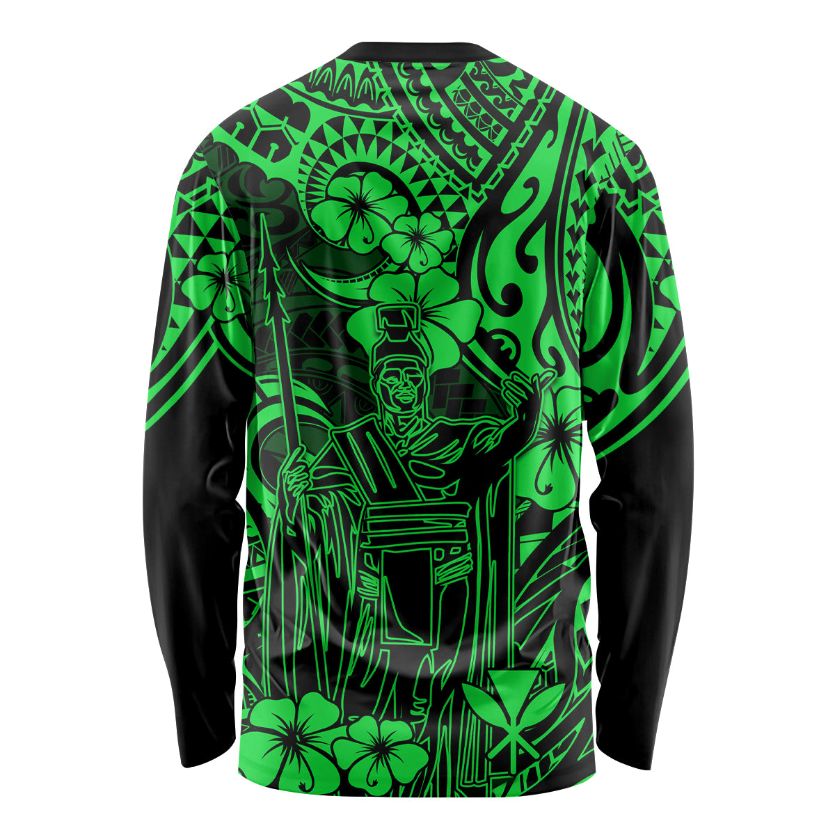 Hawaii King Kamehameha Long Sleeve Shirt Polynesian Pattern Green Version - Wonder Print Shop
