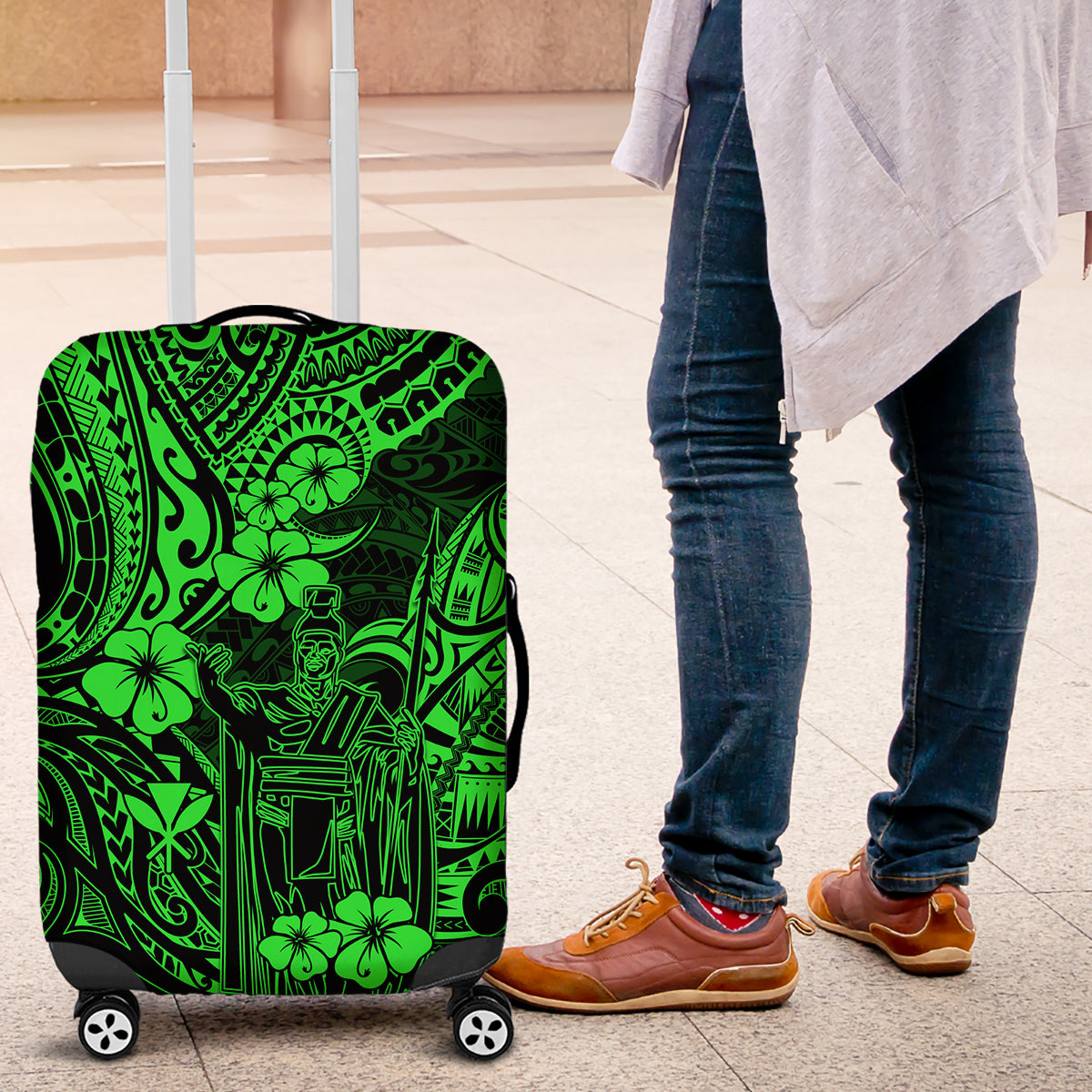 Hawaii King Kamehameha Luggage Cover Polynesian Pattern Green Version - Wonder Print Shop