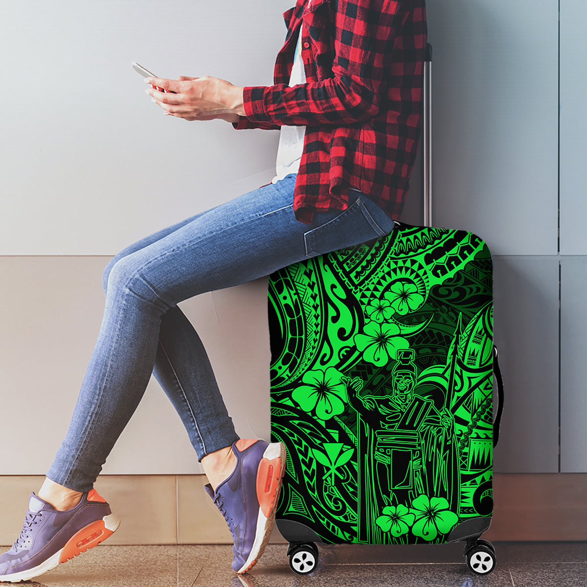 Hawaii King Kamehameha Luggage Cover Polynesian Pattern Green Version - Wonder Print Shop