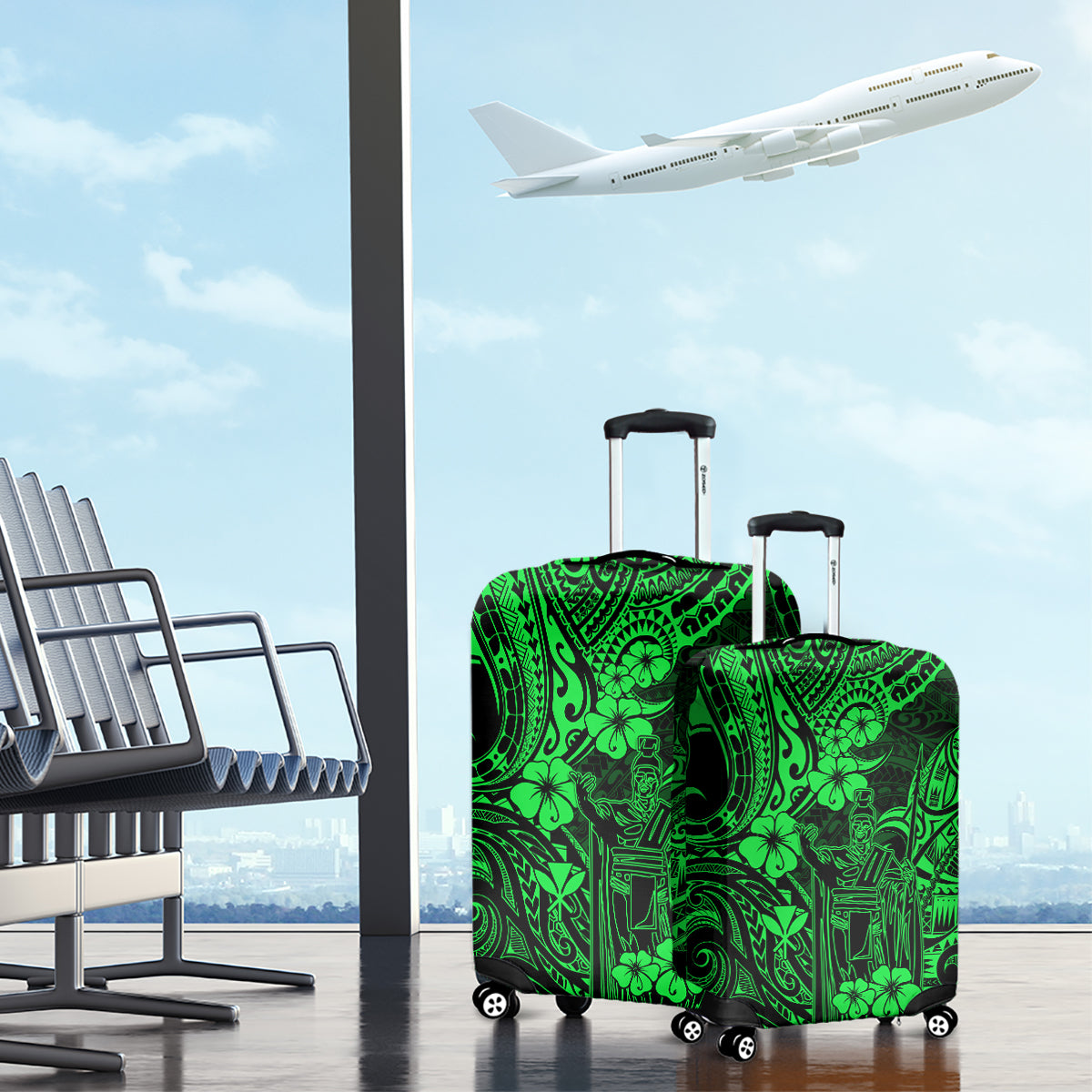 Hawaii King Kamehameha Luggage Cover Polynesian Pattern Green Version - Wonder Print Shop