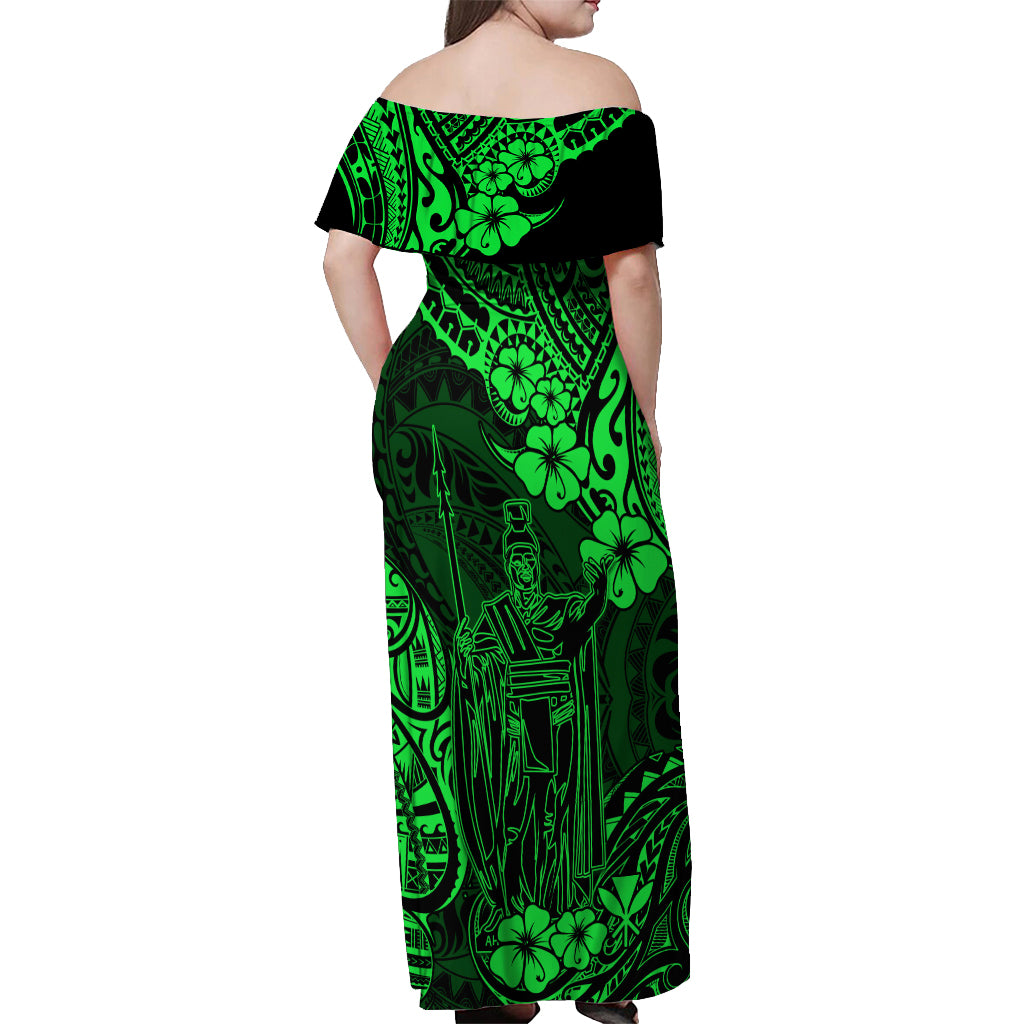 Hawaii King Kamehameha Off Shoulder Maxi Dress Polynesian Pattern Green Version - Wonder Print Shop