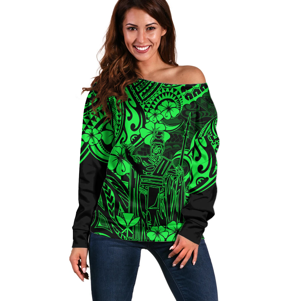 Hawaii King Kamehameha Off Shoulder Sweater Polynesian Pattern Green Version - Wonder Print Shop