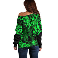 Hawaii King Kamehameha Off Shoulder Sweater Polynesian Pattern Green Version - Wonder Print Shop