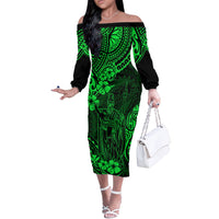 Hawaii King Kamehameha Off The Shoulder Long Sleeve Dress Polynesian Pattern Green Version - Wonder Print Shop