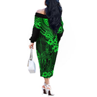 Hawaii King Kamehameha Off The Shoulder Long Sleeve Dress Polynesian Pattern Green Version - Wonder Print Shop