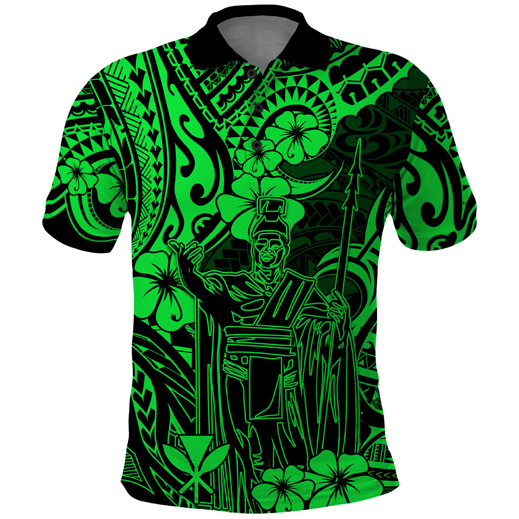 Hawaii King Kamehameha Polo Shirt Polynesian Pattern Green Version - Wonder Print Shop