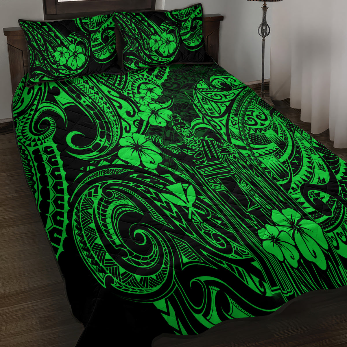 Hawaii King Kamehameha Quilt Bed Set Polynesian Pattern Green Version - Wonder Print Shop