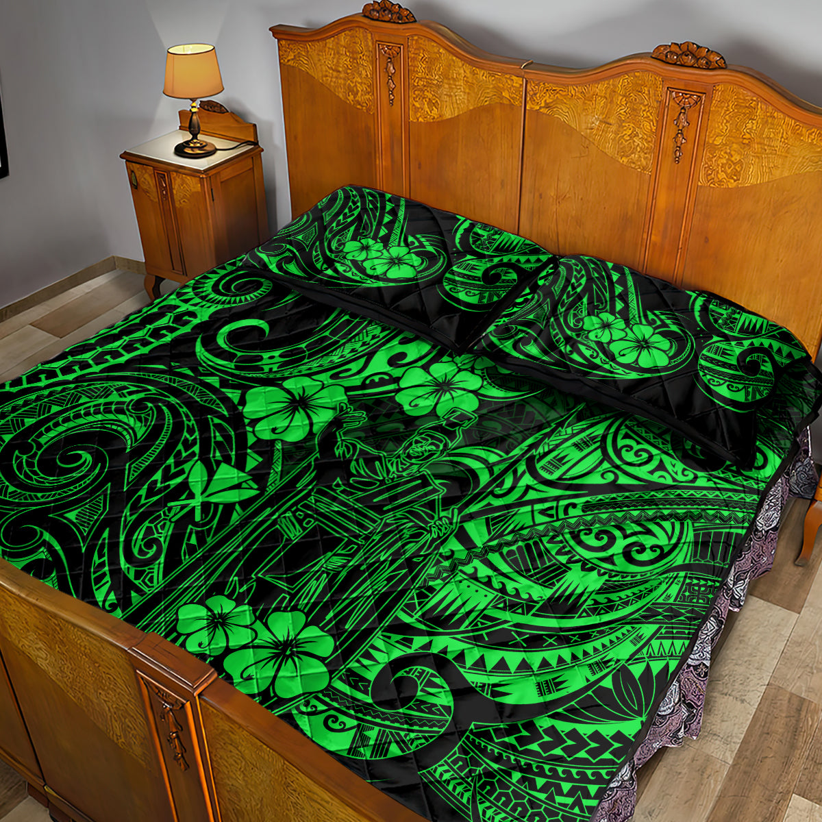 Hawaii King Kamehameha Quilt Bed Set Polynesian Pattern Green Version - Wonder Print Shop
