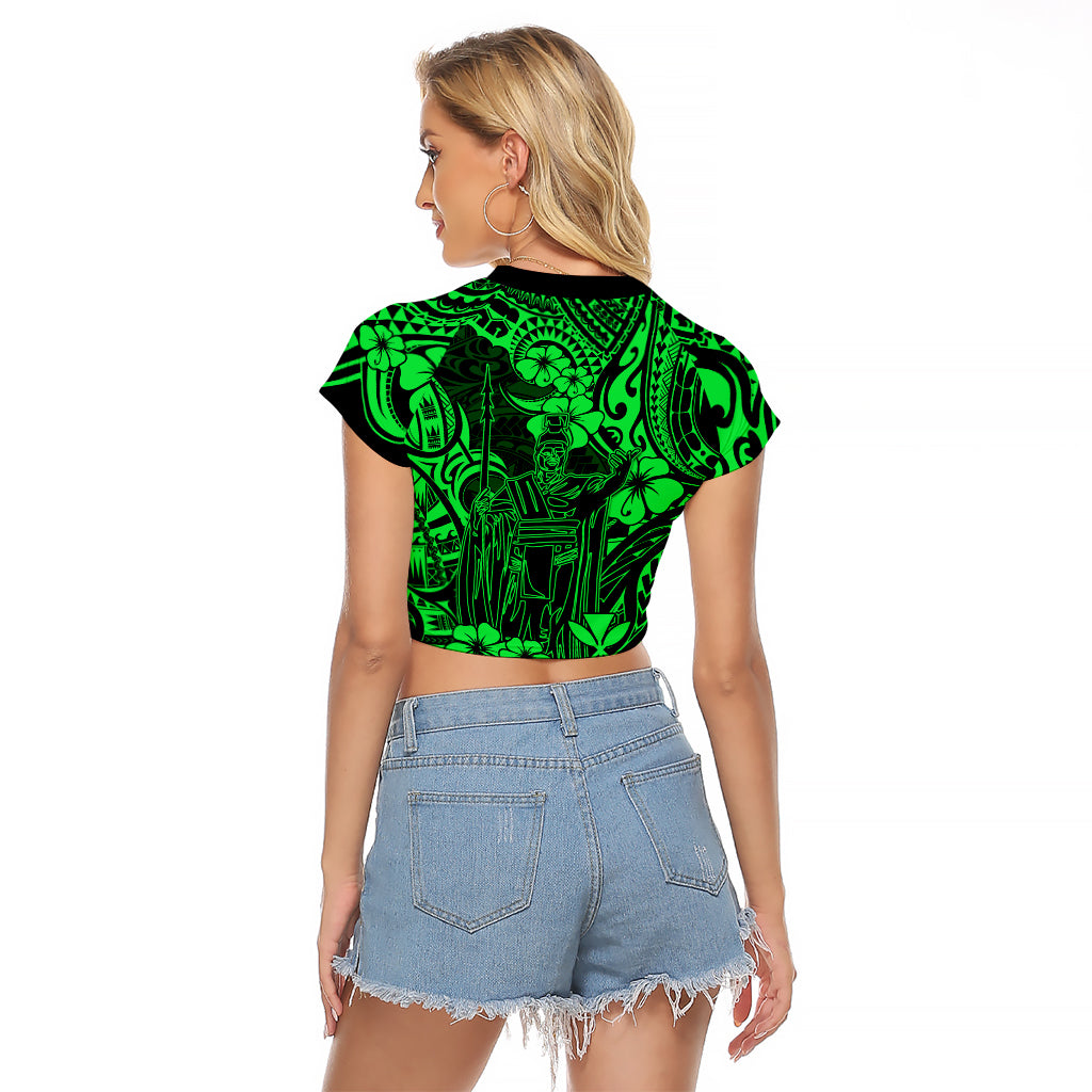 Hawaii King Kamehameha Raglan Cropped T Shirt Polynesian Pattern Green Version - Wonder Print Shop