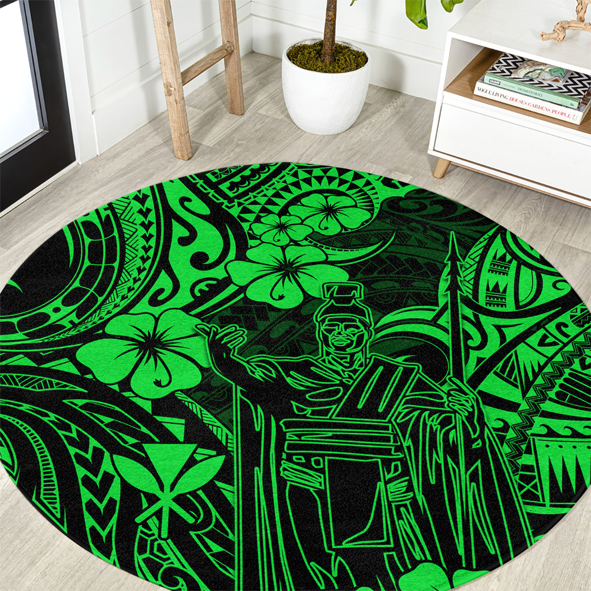 hawaii-king-kamehameha-round-carpet-polynesian-pattern-green-version