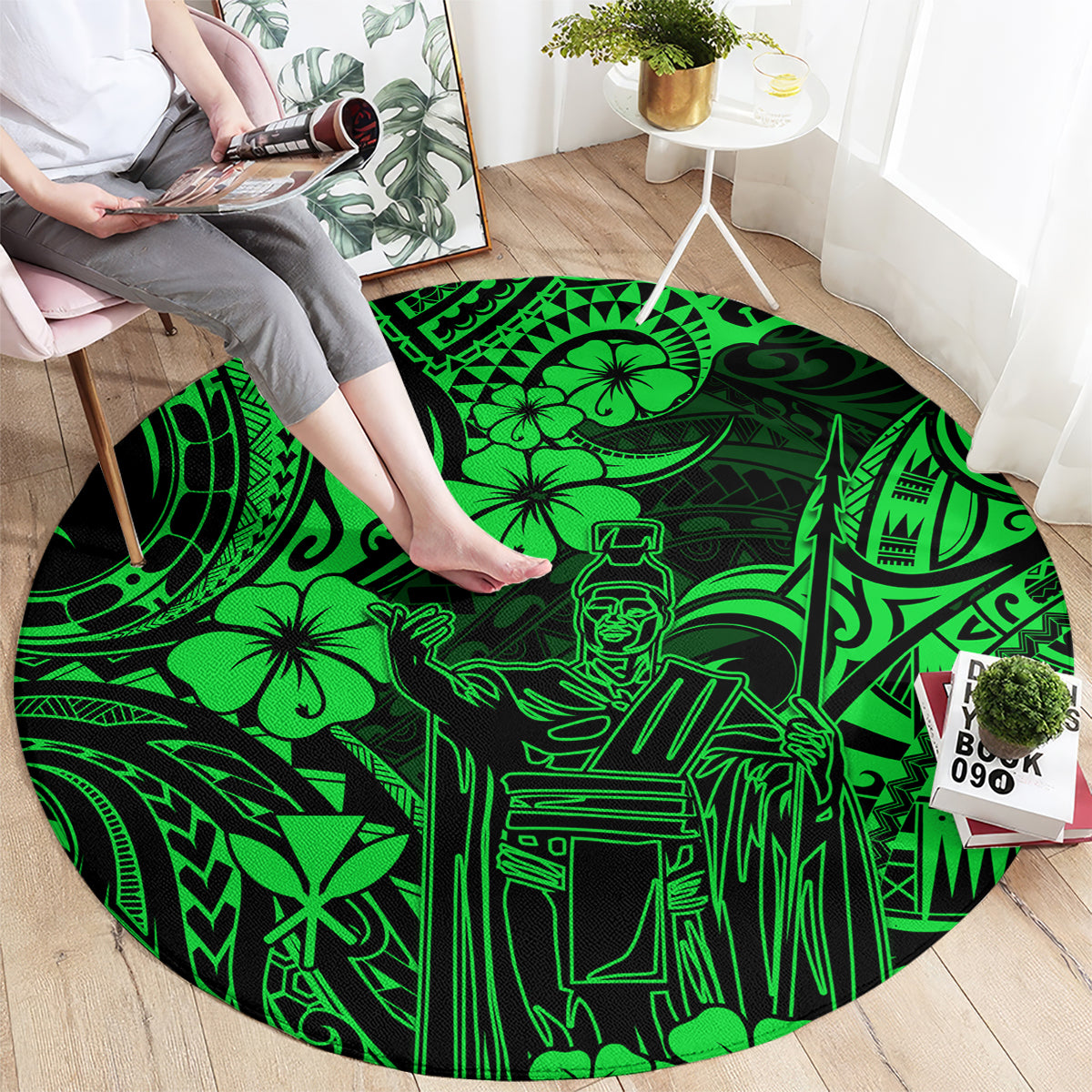 hawaii-king-kamehameha-round-carpet-polynesian-pattern-green-version