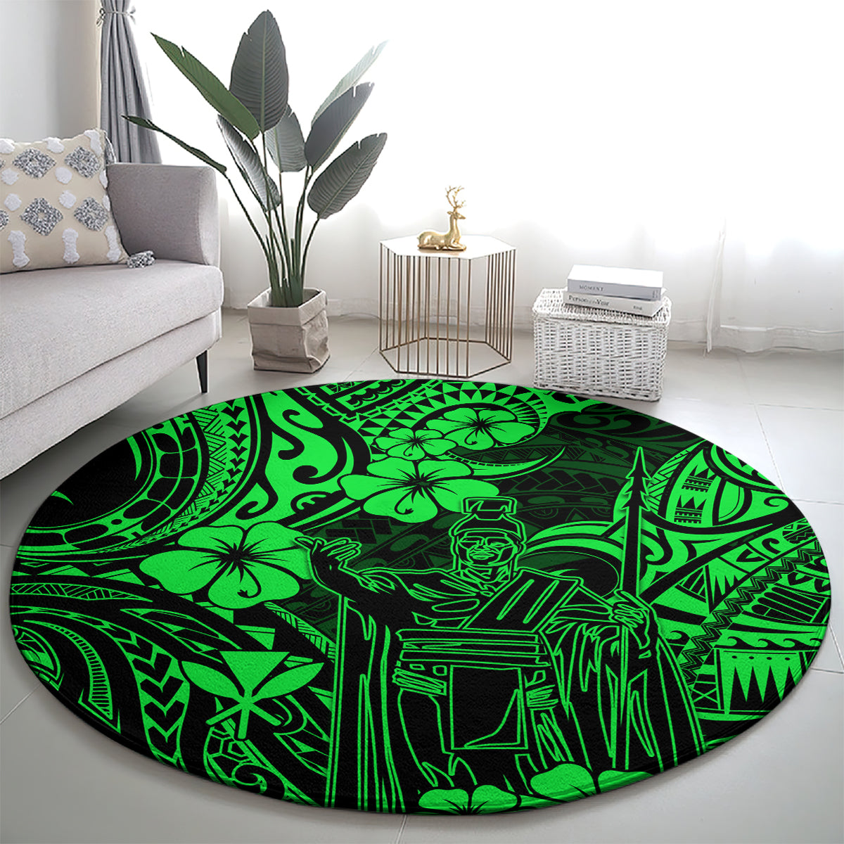 hawaii-king-kamehameha-round-carpet-polynesian-pattern-green-version