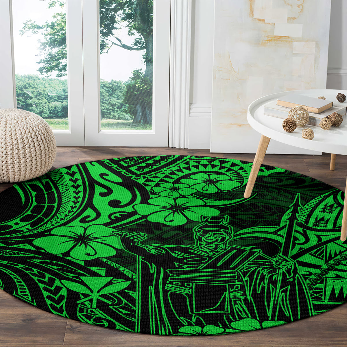 hawaii-king-kamehameha-round-carpet-polynesian-pattern-green-version