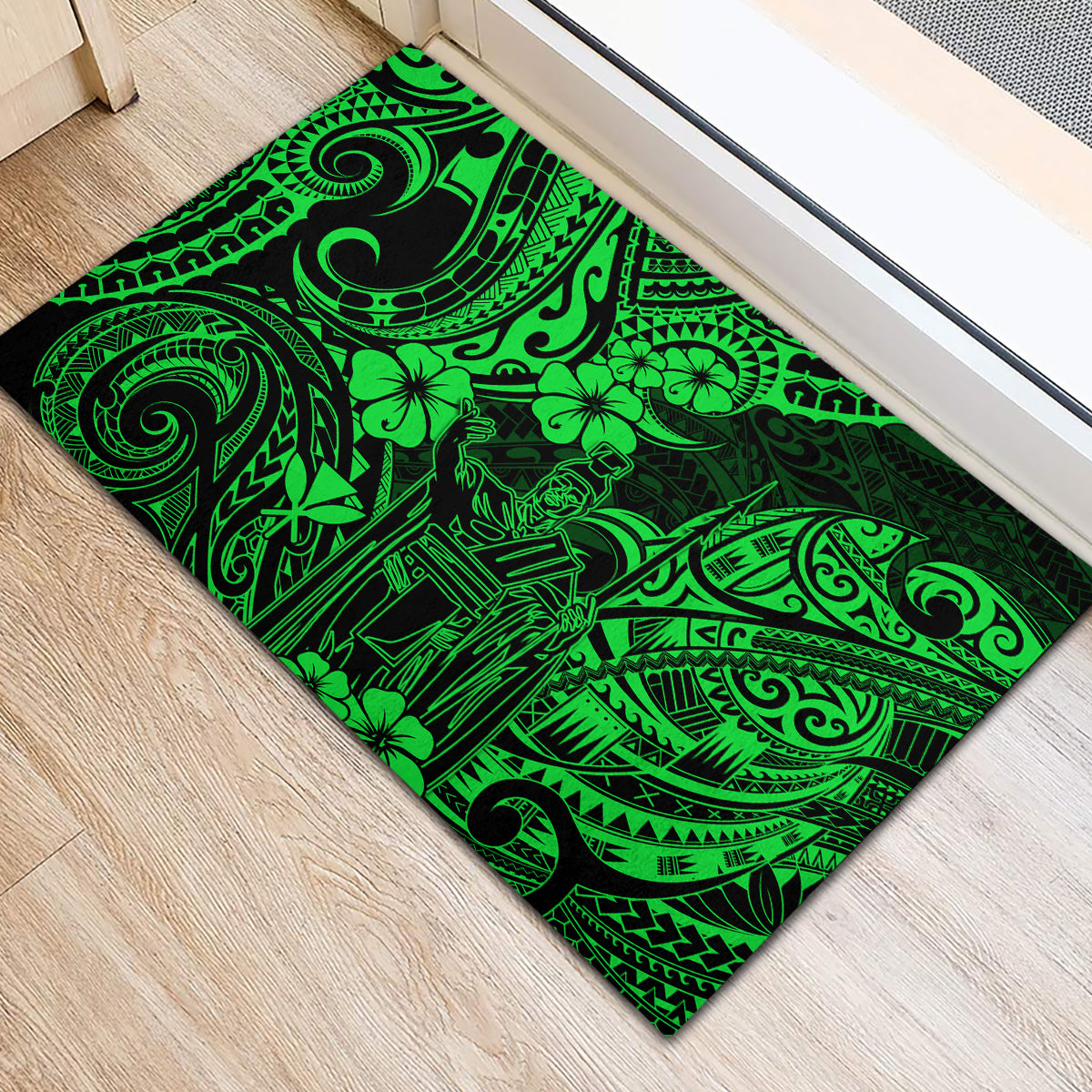 Hawaii King Kamehameha Rubber Doormat Polynesian Pattern Green Version - Wonder Print Shop