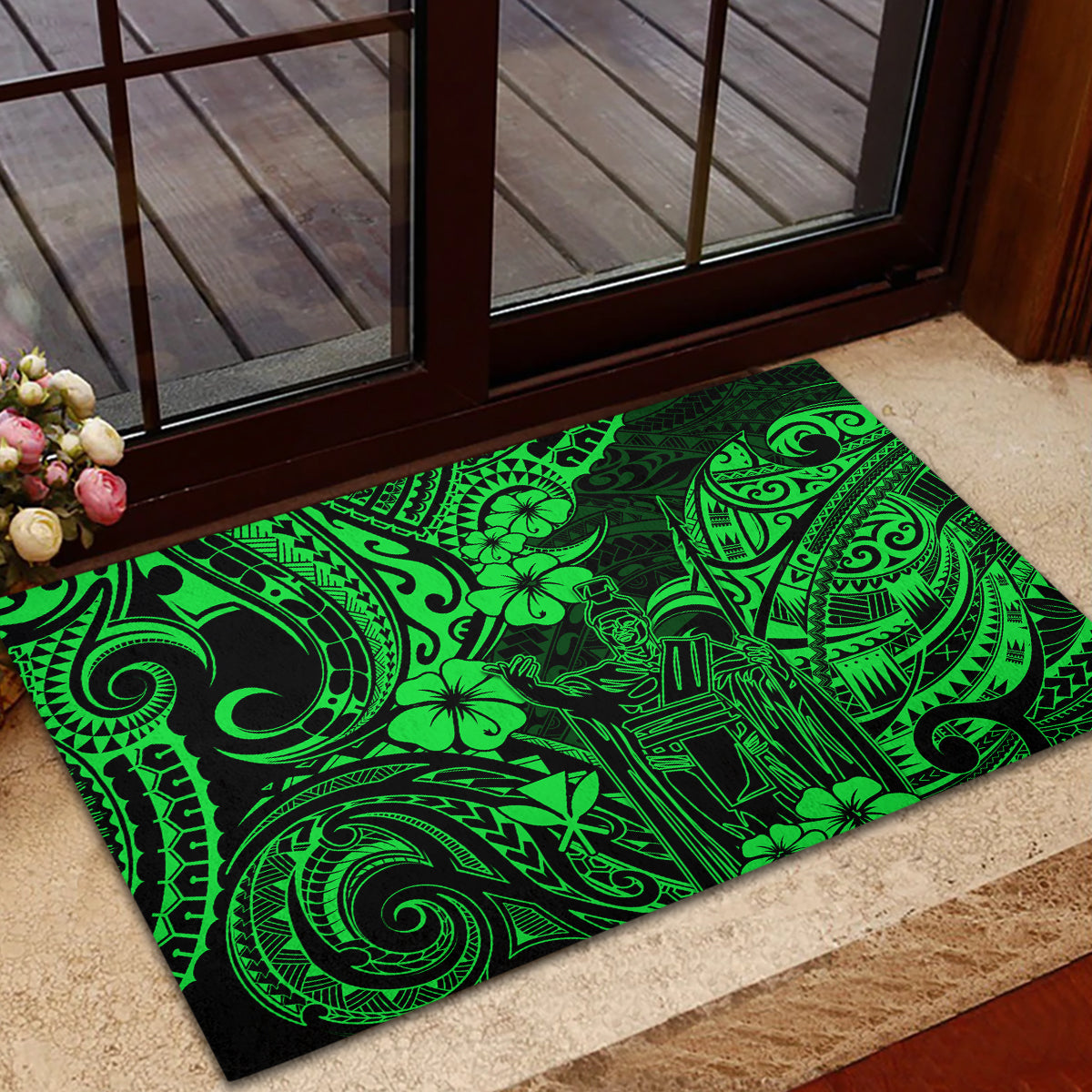 Hawaii King Kamehameha Rubber Doormat Polynesian Pattern Green Version - Wonder Print Shop