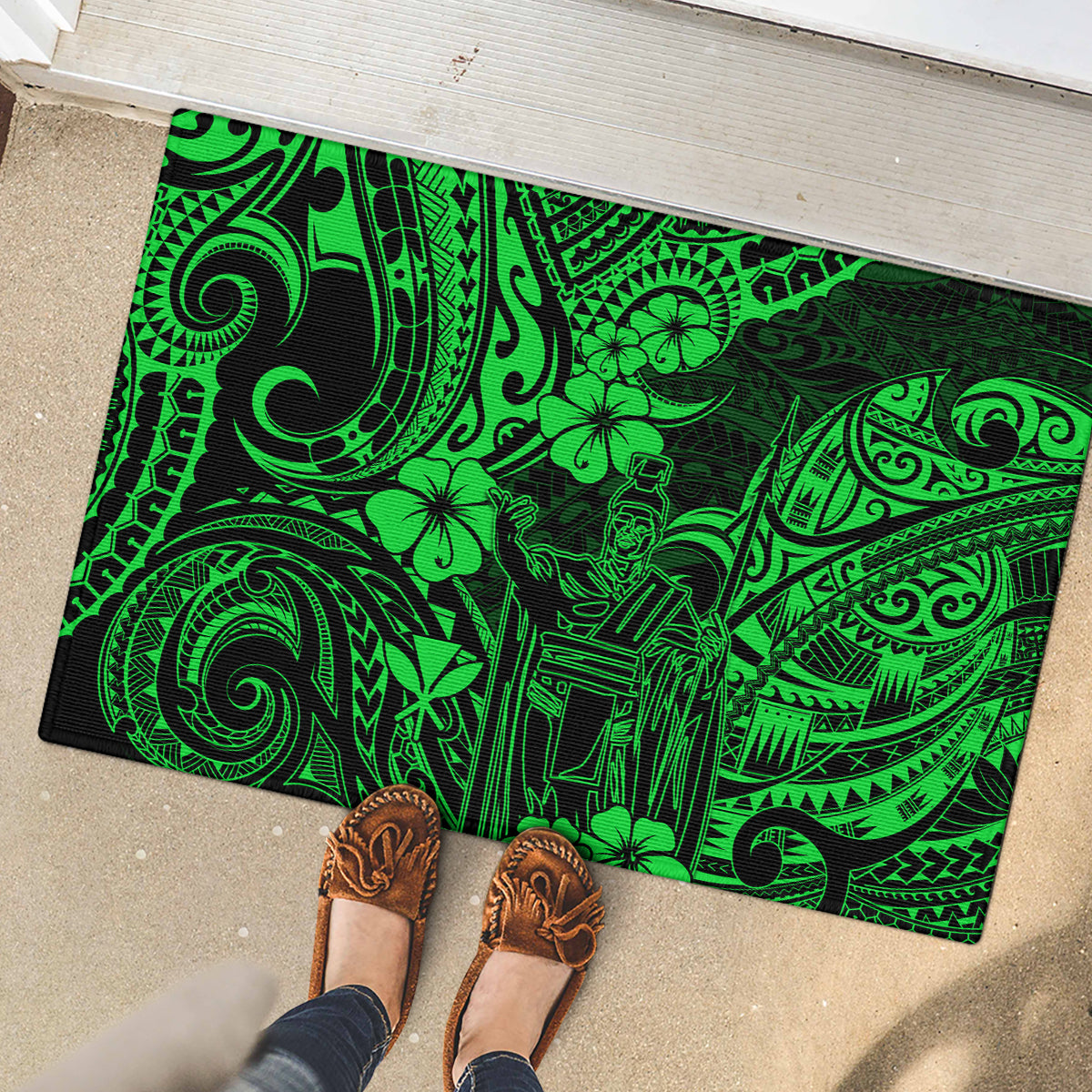 Hawaii King Kamehameha Rubber Doormat Polynesian Pattern Green Version - Wonder Print Shop