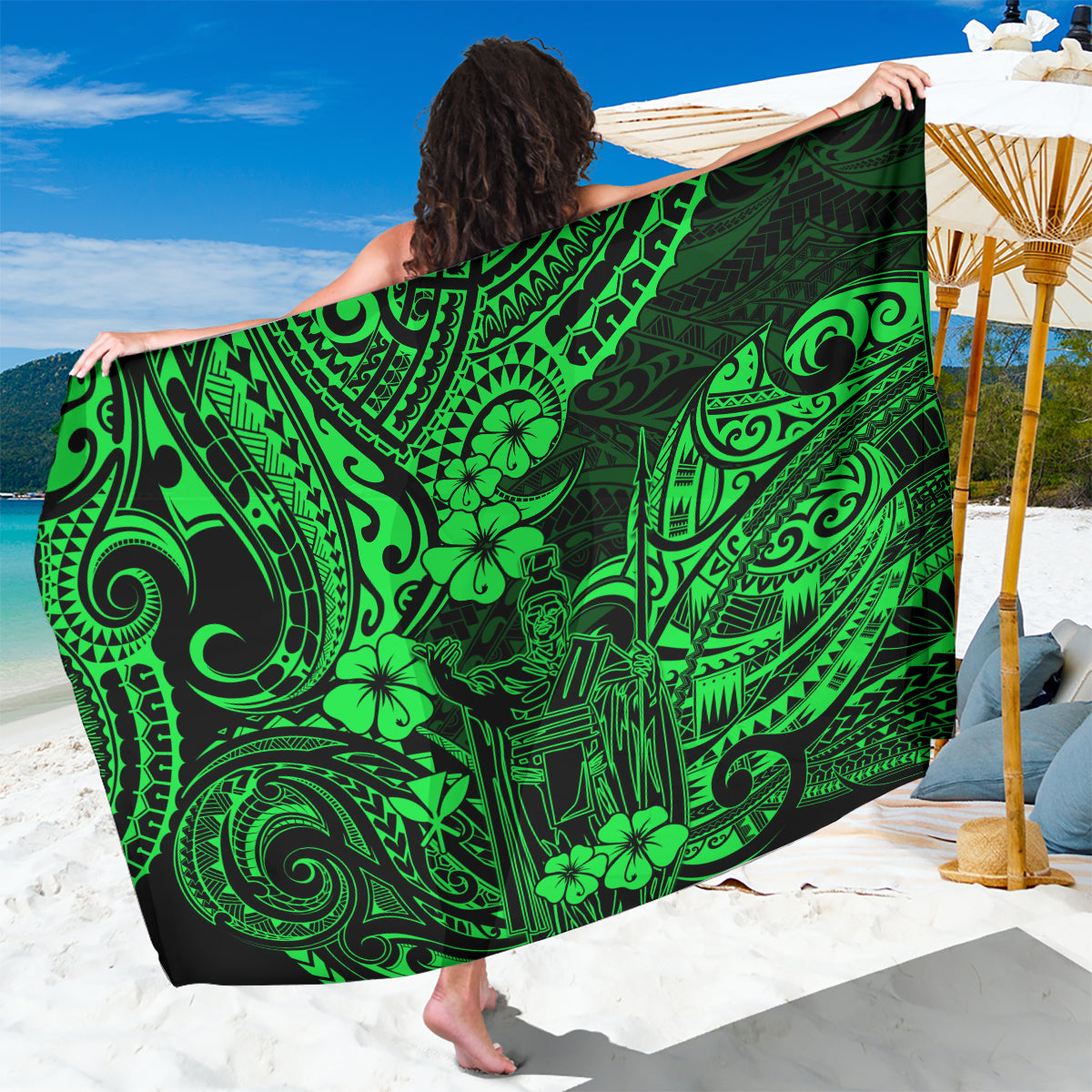 Hawaii King Kamehameha Sarong Polynesian Pattern Green Version - Wonder Print Shop